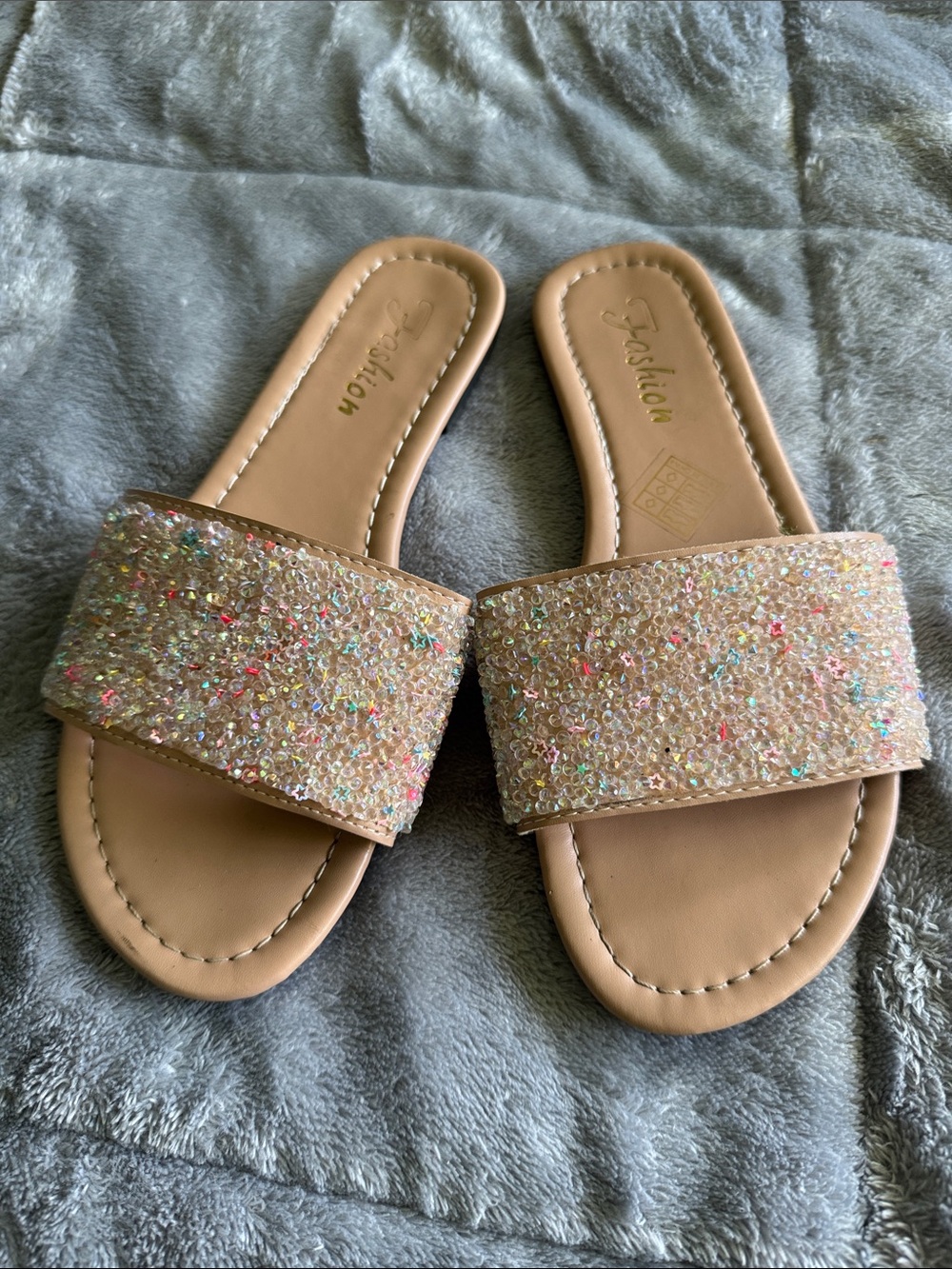 Beige Glitter Slide Sandals for Women